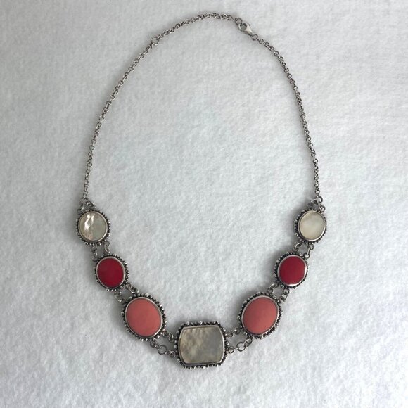 Sterling Silver 925 Chunky Mother Of Pearl Pink Red Rolo Chain Panel Necklace - Picture 11 of 16